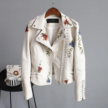 
White leather jacket with floral embroidery, featuring a collar and long sleeves, displayed in a luxurious designer style. Shown in beige color, XL size.