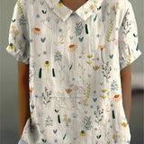 Women's white floral print short sleeve linen blouse with V-neck, size 3XL.