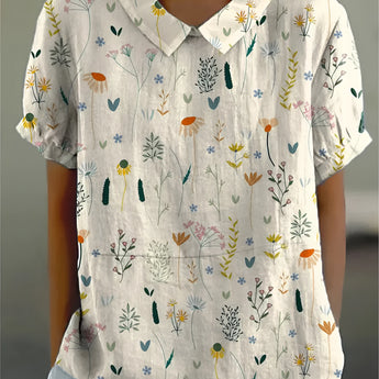 Women's white floral print short sleeve linen blouse with V-neck, size 3XL.