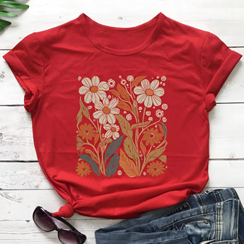 Women's floral print T-shirt in a vintage botanical design, featuring a red color in size 3XL, with short sleeves and intricate floral patterns.