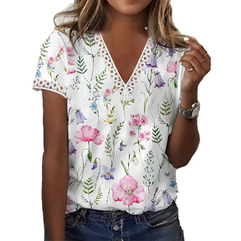 Women's white floral V-neck lace trim blouse, lightweight summer top, size XXL, with short sleeves and intricate lace detailing.