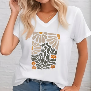 Women's white V-neck T-shirt featuring a botanical floral graphic design with hints of orange, in size 3XL.