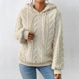 Beige women's fur-lined cable-knit hoodie in XXL size, featuring a cozy design with a prominent collar and long sleeves.