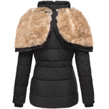 Women's insulated water-resistant parka with fur-lined hood, detachable hood, long sleeves, and woolen collar.