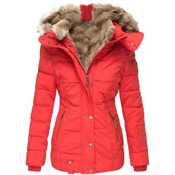 Women's red XXL fur-lined hooded parka, insulated and water-resistant with detachable hood.