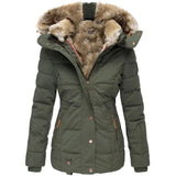 Women's fur-lined hooded parka in green, XXL size, featuring an insulated, water-resistant design with a detachable hood, long sleeves, and a beige fur-lined collar.