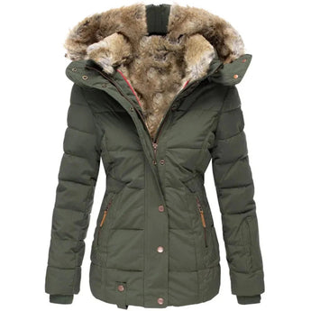 Women's fur-lined hooded parka in green, XXL size, featuring an insulated, water-resistant design with a detachable hood, long sleeves, and a beige fur-lined collar.