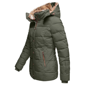 Women's Fur-Lined Hooded Parka in Grey - Insulated, Water-Resistant with Detachable Hood, featuring long sleeves, pockets, and a cozy fur-lined collar.