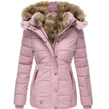 Women's pink fur-lined hooded parka, insulated and water-resistant, with detachable hood, size XXL.