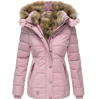 Women's pink fur-lined hooded parka, insulated and water-resistant, with detachable hood, size XXL.