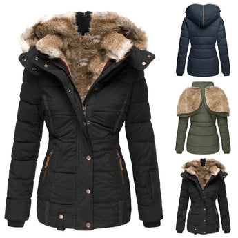 Women's white fur-lined hooded parka with a detachable hood, beige lining, and insulated sleeves.