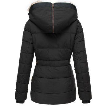 Women's fur-lined hooded parka with insulated, water-resistant fabric, detachable hood, electric blue color, fur collar, and pockets.