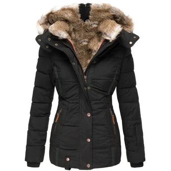 Women's black XXL fur-lined hooded parka, insulated and water-resistant, with detachable hood and long sleeves.
