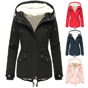 
Image of a women's fur-lined hooded winter parka designed as an insulated waterproof coat, primarily white with black accents. The parka features a high collar and long sleeves, highlighting its textile material.