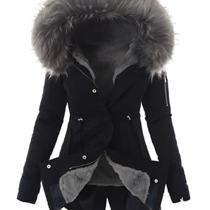 Women's fur-trimmed hooded parka in black, size 2XL, featuring a faux fur-lined hood, long sleeves, and insulated design for winter wear.
