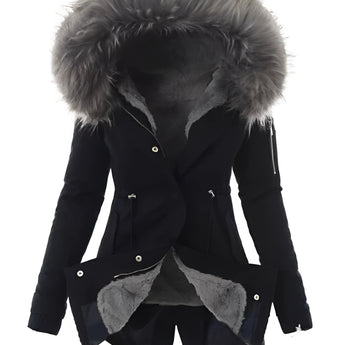 Women's fur-trimmed hooded parka in black, size 2XL, featuring a faux fur-lined hood, long sleeves, and insulated design for winter wear.