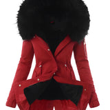 Women's red fur-trimmed hooded parka, insulated for winter, shown in size 2XL with faux fur trim around the hood.