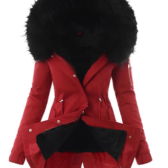 Women's red fur-trimmed hooded parka, insulated for winter, shown in size 2XL with faux fur trim around the hood.