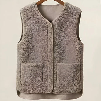 Light brown women's fuzzy shearling zip-up vest in size 6XL, featuring a cozy woolen texture and a stylish collar, perfect for winter fashion.