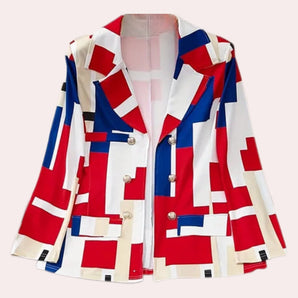 Women's geometric blazer and abstract jacket set in red, white, and blue, featuring a collar, sleeves, and waist, with a design that resembles a sports uniform or jersey style.