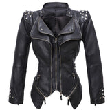 Women's black studded leather biker jacket with zip, featuring a stylish design with a structured collar, long sleeves, and functional pockets. The jacket is crafted from genuine leather and is available in size 3XL.