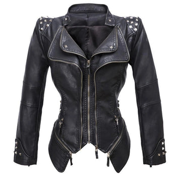 Women's black studded leather biker jacket with zip, featuring a stylish design with a structured collar, long sleeves, and functional pockets. The jacket is crafted from genuine leather and is available in size 3XL.