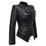 Women's gothic black studded leather biker jacket with zip, featuring a collar and long sleeves.