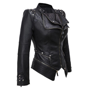 Women's gothic black studded leather biker jacket with zip, featuring a collar and long sleeves.