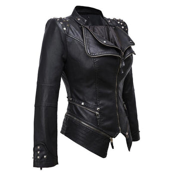 Women's gothic black studded leather biker jacket with zip, featuring a collar and long sleeves.