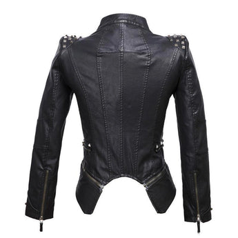 Women's Gothic black leather biker jacket featuring metal studs, zip closure, and a stylish collar, embodying a bold fashion design.