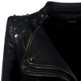 Women's gothic black studded leather biker jacket with zip, featuring long sleeves, a structured collar, and multiple pockets.