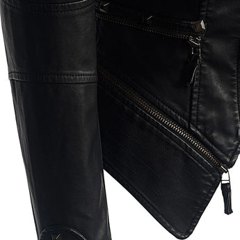 Women's Gothic Black Studded Leather Biker Jacket with Zip, featuring long sleeves and stylish metal studs, perfect for a bold and edgy fashion statement.
