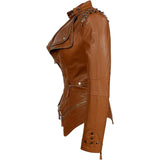 A women's black leather biker jacket featuring a gothic style with studded details and a zip closure.