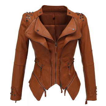 Women's brown leather biker jacket with studded details, featuring a zip closure, collar, and long sleeves in a 3XL size.