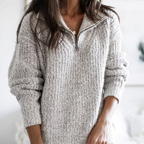 Women's gray cable knit half-zip pullover sweater in size 5XL, featuring a cozy and stylish design perfect for winter, with long sleeves and a high neck.