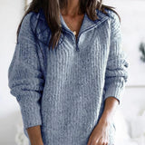 Women's blue cable knit half-zip pullover sweater in size 5XL, featuring a cozy winter fashion style with a textured pattern and long sleeves.