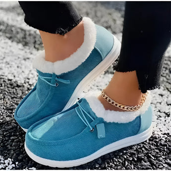 Women's blue fleece-lined winter loafers, slip-on design with warm interior and stylish appearance, size 43.