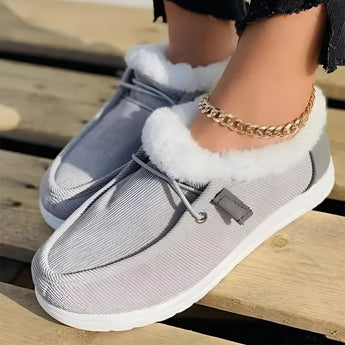 Women's light gray fleece-lined winter loafers; warm, stylish slip-ons in size 43, displayed on a white background.