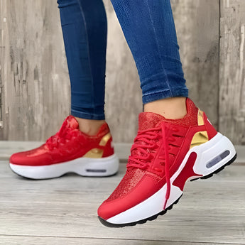 Women's red mesh sneakers with ankle support, size 43, featuring a lightweight and breathable design.