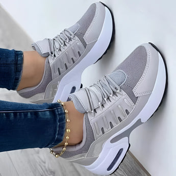 Women's gray lightweight breathable mesh sneakers with ankle support in size 43, designed for walking and outdoor activities, showcasing a sleek and sporty design.