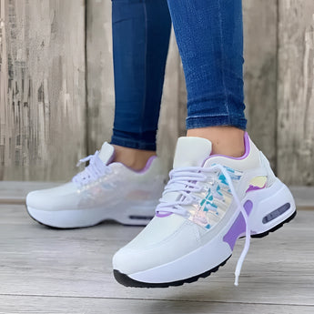 Women's gray and violet-white lightweight breathable mesh sneakers with ankle support, featuring a stylish design suitable for walking and sports activities.