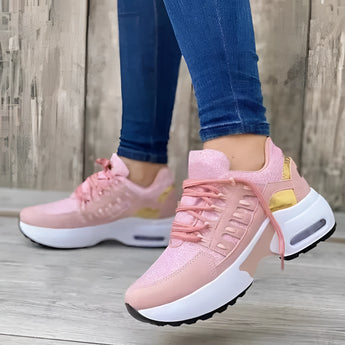Women's pink lightweight breathable mesh sneakers with ankle support, size 43, featuring a sleek design with a focus on comfort and support for athletic activities.