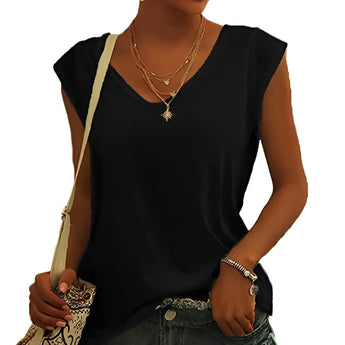 Women's gray sleeveless tank top with a lightweight cotton fabric and scoop neck, displayed on a model showcasing the shoulder and neck area.