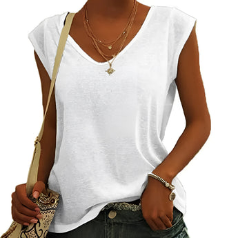 Woman wearing a gray sleeveless tank top made of lightweight cotton with a scoop neck, showcasing the arms and chest area.