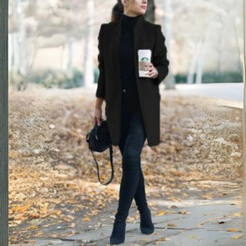 Women's black wool coat in a 4XL size, featuring a slim fit design with a turtleneck collar and long sleeves.