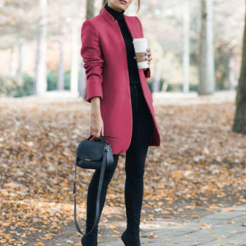 A women's gray wool coat with a slim fit design, featuring a turtleneck style. The coat is displayed in a rose color for size 4XL, showcasing long sleeves and a chic, cozy fashion suitable for outerwear.