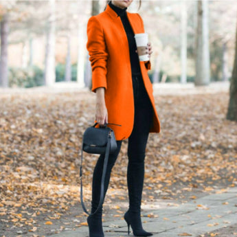 Women's orange wool coat with a slim fit turtleneck style, featuring long sleeves. The coat is in a 4XL size, designed for cozy and chic fashion.