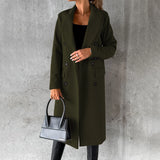 Women's gray wool knee-length coat, featuring a structured shoulder design, classic collar, and tailored sleeves, ideal for urban fashion.