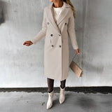 Women's beige knee-length wool coat in 3XL size, featuring a classic collar and long sleeves, perfect for urban fashion.