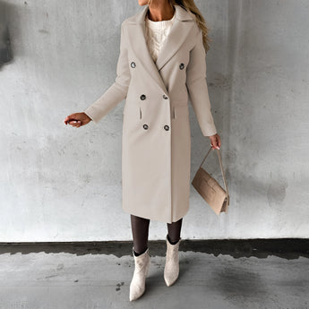 Women's beige knee-length wool coat in 3XL size, featuring a classic collar and long sleeves, perfect for urban fashion.